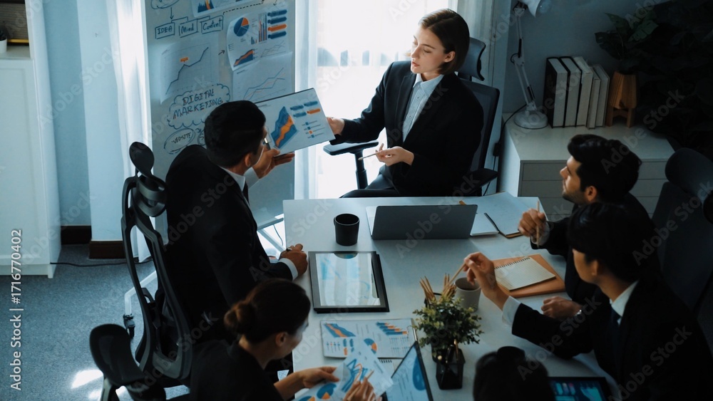 Aufkleber top view of smart manager compare chart between board and paper while planning startup project with 