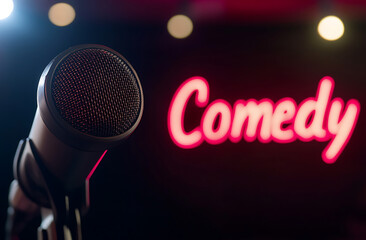 Microphone on stage with a bright "Comedy" sign in the background, setting the scene for a night of entertainment and laughter. Spotlight effect.