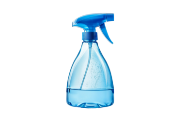Transparent plastic spray bottle with blue nozzle representing cleaning solutions, household tools, and practical design isolated on transparent background PNG