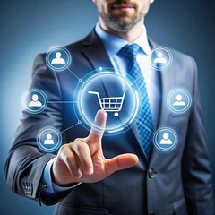Businessman interacts with a shopping cart icon on a digital interface, networking