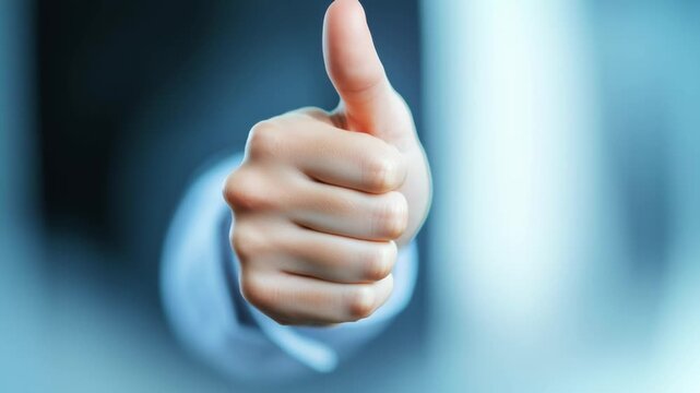 Close-up of a single thumbs-up on a soft blue blurred background &mdash; strong solitary approval sign, emphasis on decision and recommendation.