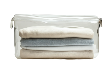 Foldable transparent cosmetic bag emphasizing compact storage, travel readiness, and everyday utility isolated on transparent background PNG