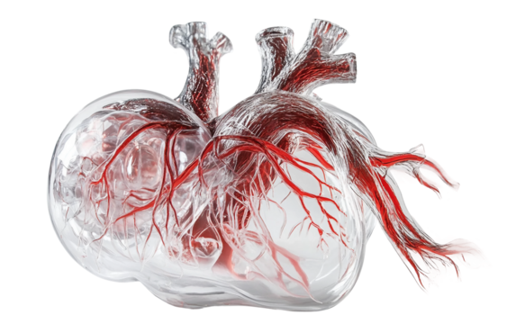 Transparent human heart model showing arteries and veins representing anatomical education and medical study isolated on transparent background PNG