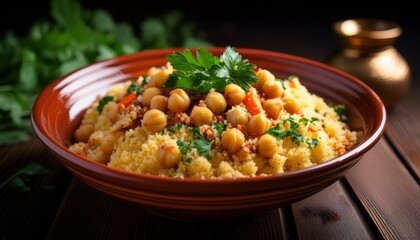 A Vibrant Bowl Of Moroccan Couscous With Chickpeas And Herbs Sits On A Dark Wooden Surface Radiating Warmth
