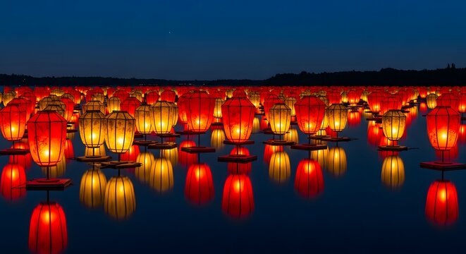 Illuminated lanterns floating on water at night chinese new year festival celebration event decoration asian