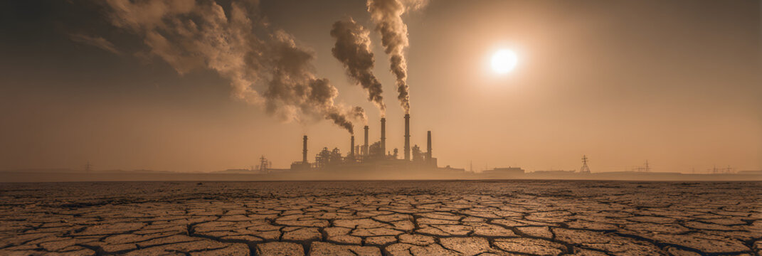 Industrial Pollution: A stark scene of an industrial complex belching pollutants into the sky above a cracked earth, symbolizing the impacts of environmental damage.