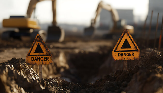 Construction site hazard: Warning signs mark a trench, with excavators in the background, cautioning of potential dangers in the excavation zone.