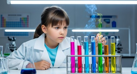 Young girl science lab experiment chemical reaction test tubes research scientist education chemistry student