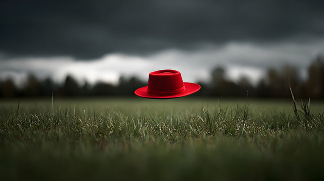 Scarlet Meadow: A vibrant red hat levitates above a lush green meadow. Under a stormy sky, this scene captures a moment of surreal beauty, inviting contemplation and sparking the imagination.