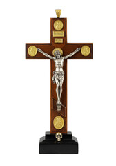 Ornate Orthodox crucifix, silver Jesus corpus, gold medallions, on dark onyx base, isolated on a transparent studio background with 45-degree elevated angle, high-end catalog photography concept