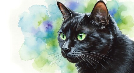 Black cat with green eyes in watercolor style. Pet portrait for animal lover. Artistic drawing for greeting card