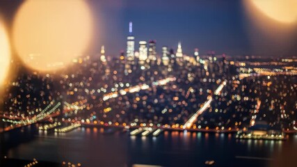 Nighttime cityscape of a bustling metropolis with blurred lights and skyscrapers in the background