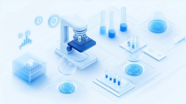Sparkling isometric layout of lab and analytics icons &mdash; visualization of a digital laboratory and data analytics.