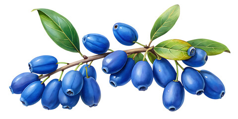 A branch of honeysuckle with blue berries isolated on transparent background, showcasing the plants beauty and unique fruit in a detailed illustration