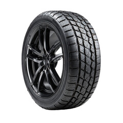 Obraz premium A detailed close up studio shot of a rugged all terrain vehicle tire and black alloy wheel isolated on transparent background