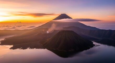 Majestic Mountain Sunrise - A Serene Landscape of Batur Volcano in Bali.