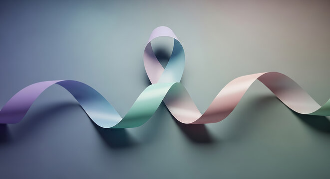 A graceful ribbon, subtly shaded in pastel hues of lavender, mint green, and rose, forms a flowing design against a muted background.