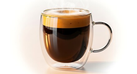 Rich dark coffee with creamy foam in a modern double-walled glass mug