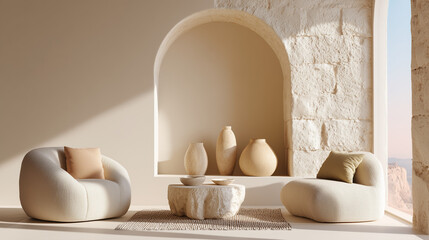 Bright minimalist interior with recycled wooden furniture, stone decor, and linen fabrics. Natural sunlight and calm earthy tones.