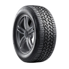 Fototapeta premium Close up studio shot of a rugged all terrain vehicle tire with a detailed tread pattern mounted on a dark alloy wheel isolated on transparent background