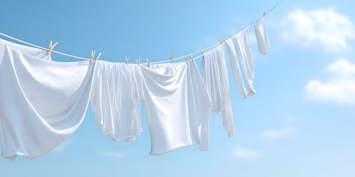 Laundry Day: Clean, crisp white clothes hanging gracefully on a clothesline against a vibrant blue sky, evoking a sense of freshness and simplicity.