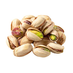 A pile of roasted and salted pistachios with their shells open revealing the green nut inside isolated on transparent background