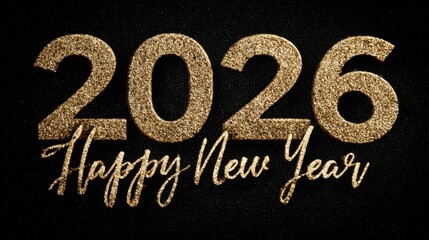 Celebrate New Year 2026 with sparkling gold text on a black background