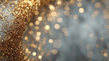 Sparkling golden glitter flows in a beautiful cascade on a soft background