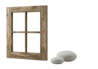 Rustic weathered wooden window frame with four empty glass panes and pale river stone, subtly placed on a seamless transparent background. High-end product display concept