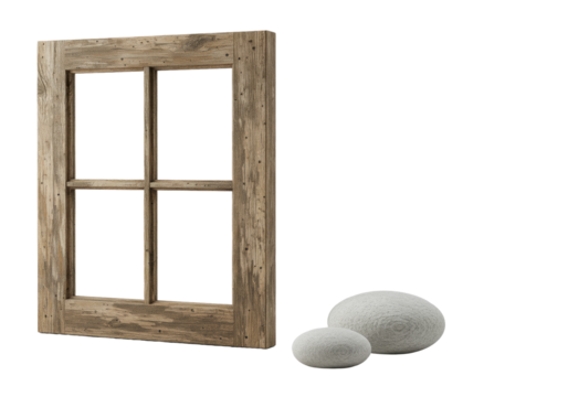 Rustic weathered wooden window frame with four empty glass panes and pale river stone, subtly placed on a seamless transparent background. High-end product display concept