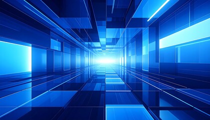 Abstract digital background with layered blue rectangles, gradients, diagonal lines, and scattered white dots.