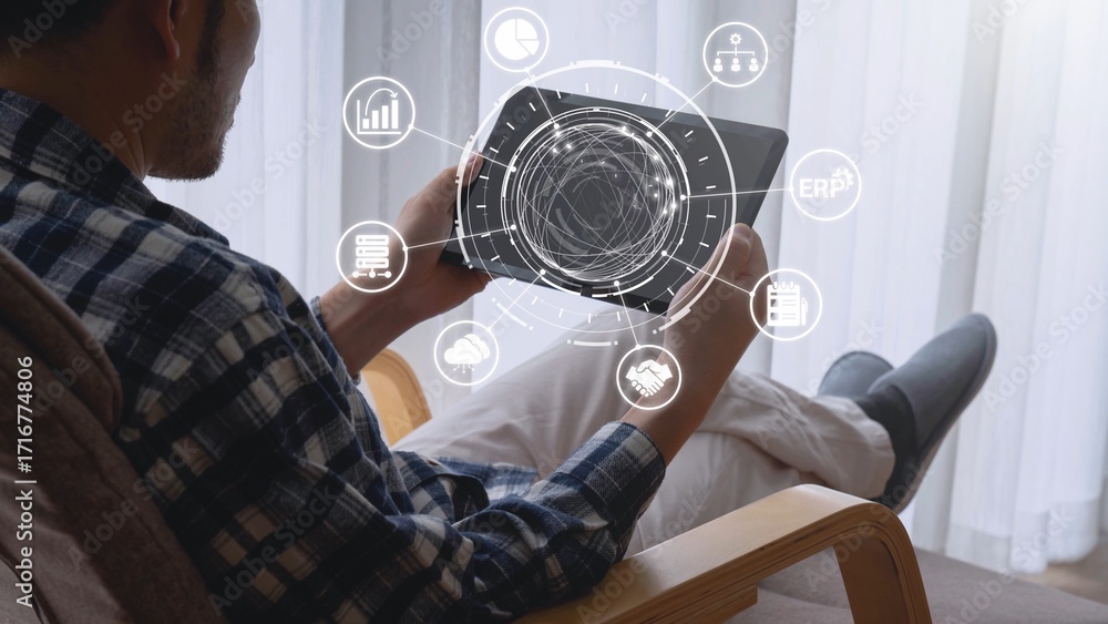 Poster erp icons show management, integration, and business process. erp supports data management, erp effi