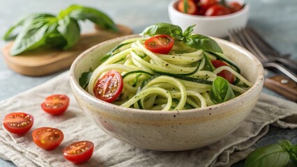 Low carb zoodles with cherry tomatoes and basil