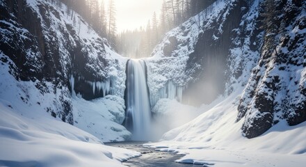 Majestic Winter Waterfall Frozen Landscape Nature Scene.