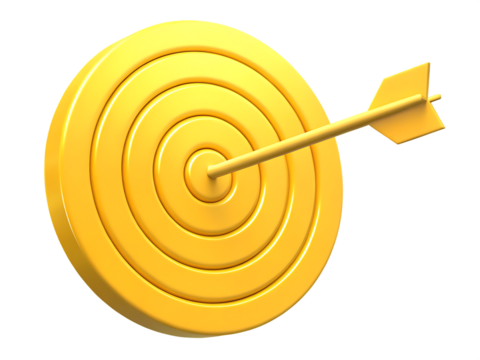 Golden target with arrow hitting center isolated on a transparent background bullseye