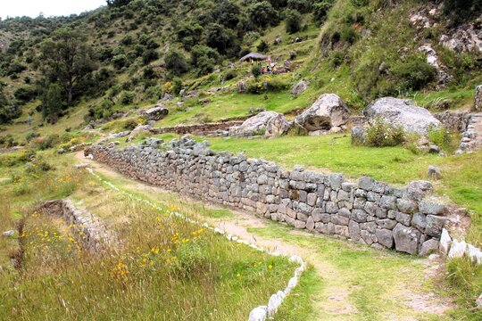 Pre-Hispanic Inca ruins at Intihuatana Archaeological Complex in Ayacucho, Peru.