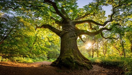 Fototapeta premium Sunlight Filters Through The Canopy Illuminating The Textured Bark Of An Ancient Oak Tree In A Tranquil Forest Setting