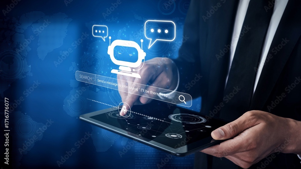 Poster ai assistant with voice chat interface, combining smart chatbot, voice command, and ai-powered contr
