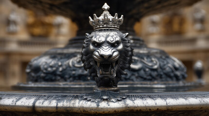Decorative lion head fountain sculpture with crown