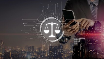 Futuristic digital law interface displaying justice scale, highlighting digital law, AI compliance,...