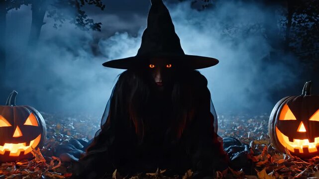 A witch sits among glowing pumpkins in a misty forest at night. A spooky still life full of mystery. Halloween, October holiday, trick or treat.