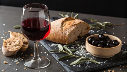 Mediterranean red wine with rustic bread and olives