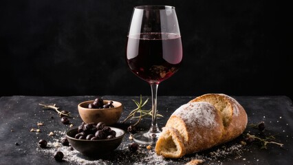 Mediterranean red wine with rustic bread and olives