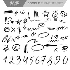 Hand Drawn Doodle Elements Set with Sketchy Symbols, Arrows, Numbers, and Icons