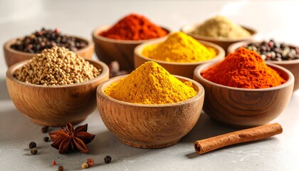 A close-up view of various colorful spices and herbs in wooden bowls, showcasing a vibrant selection of ground and whole spices.