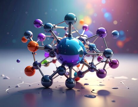 A complex, colorful molecular structure, meticulously rendered, displays intricate connections and vibrant hues against a muted backdrop.