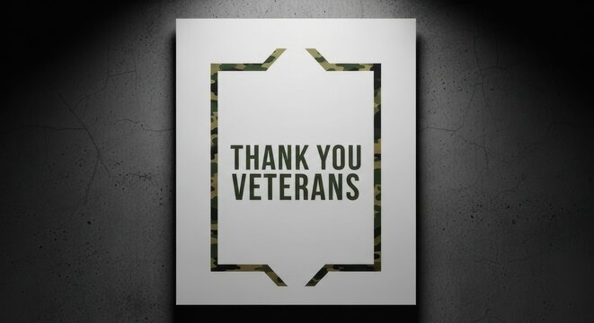 Honoring Veterans Day with message of gratitude on white wall. Veterans Day tribute includes simple framed white poster illuminated by spotlight, displaying appreciation for service and sacrifice.
