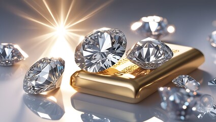 Sparkling Diamonds and Smooth Gold Bars on Neutral Background
