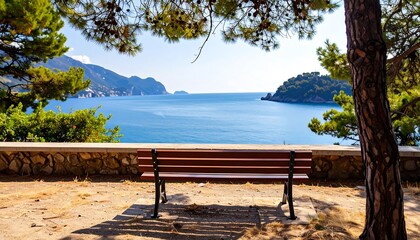 Serene Coastal Bench: Mediterranean Sea View from Shady Pine Tree