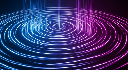 Abstract background with concentric circles in blue and pink with vertical lines above created with generated ai